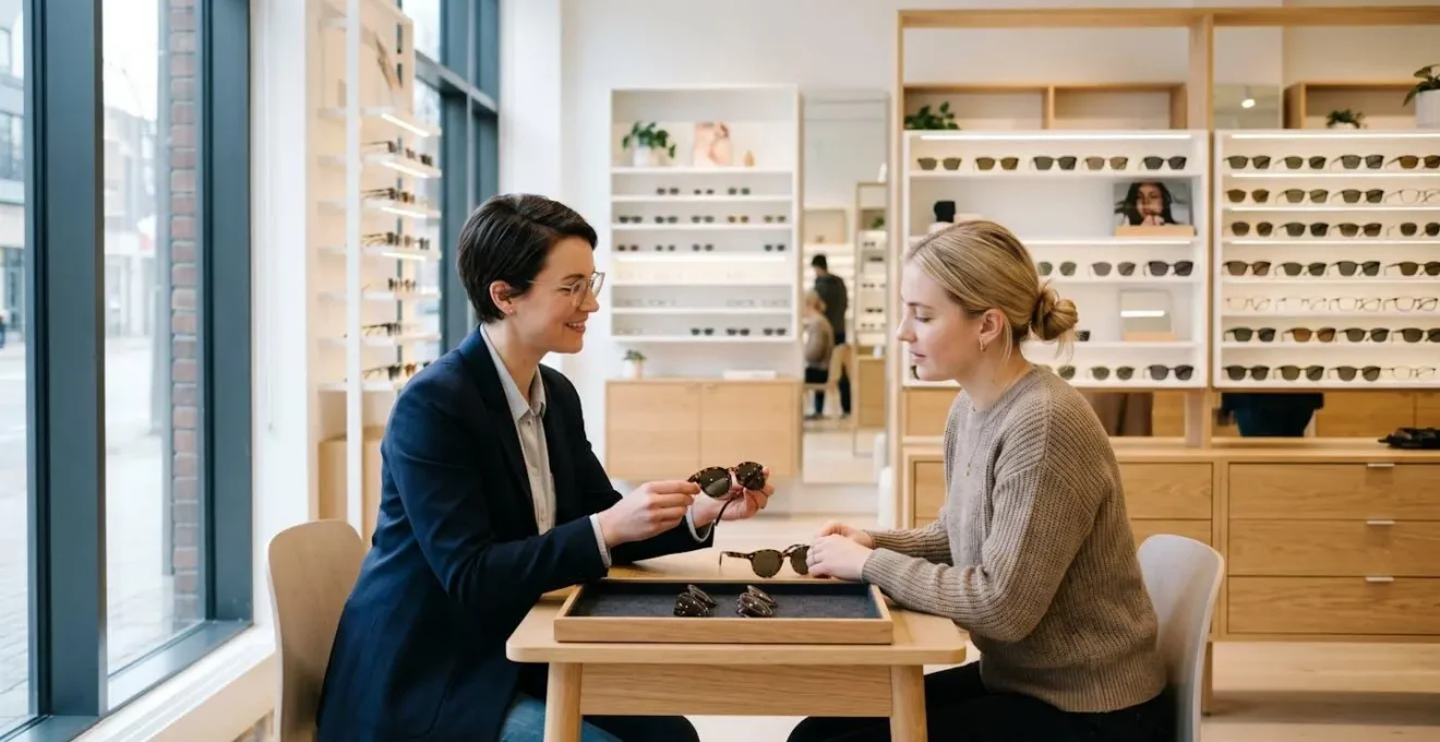 Consultation professionnelle dans un magasin d'optique moderne, opticien présentant différentes montures de lunettes de soleil à un client