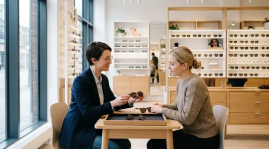 Consultation professionnelle dans un magasin d'optique moderne, opticien présentant différentes montures de lunettes de soleil à un client