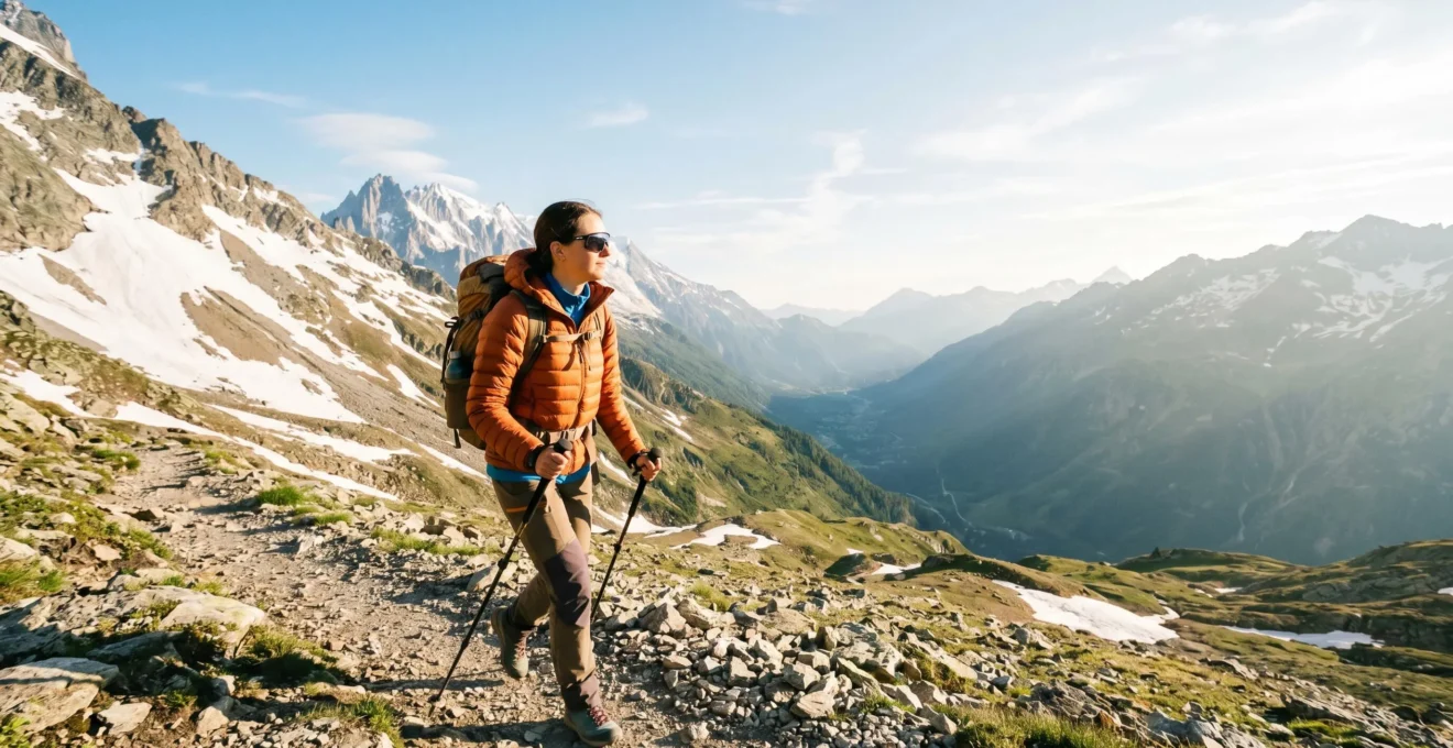 Randonneur portant des lunettes de soleil de haute protection en environnement de haute montagne avec neige et rochers