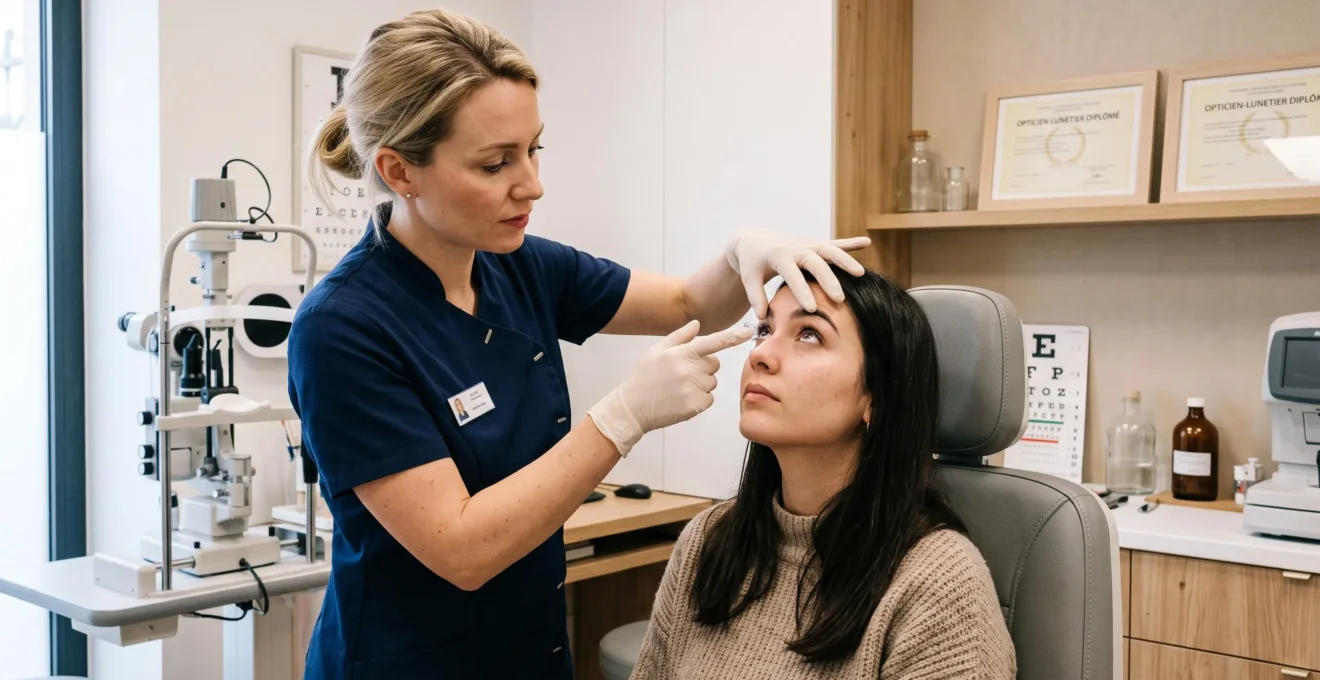 Opticien adaptant une lentille de contact sur un patient dans un cabinet d'optométrie moderne.