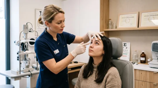 Opticien adaptant une lentille de contact sur un patient dans un cabinet d'optométrie moderne.