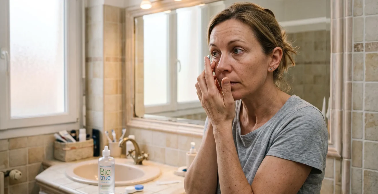 Adulte d'âge mûr insérant une lentille de contact devant un miroir de salle de bain à domicile.