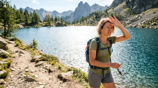 Femme aux yeux clairs plissant les yeux sur un sentier de montagne au bord d'un lac, protégant son regard du reflet intense du soleil sur l'eau.