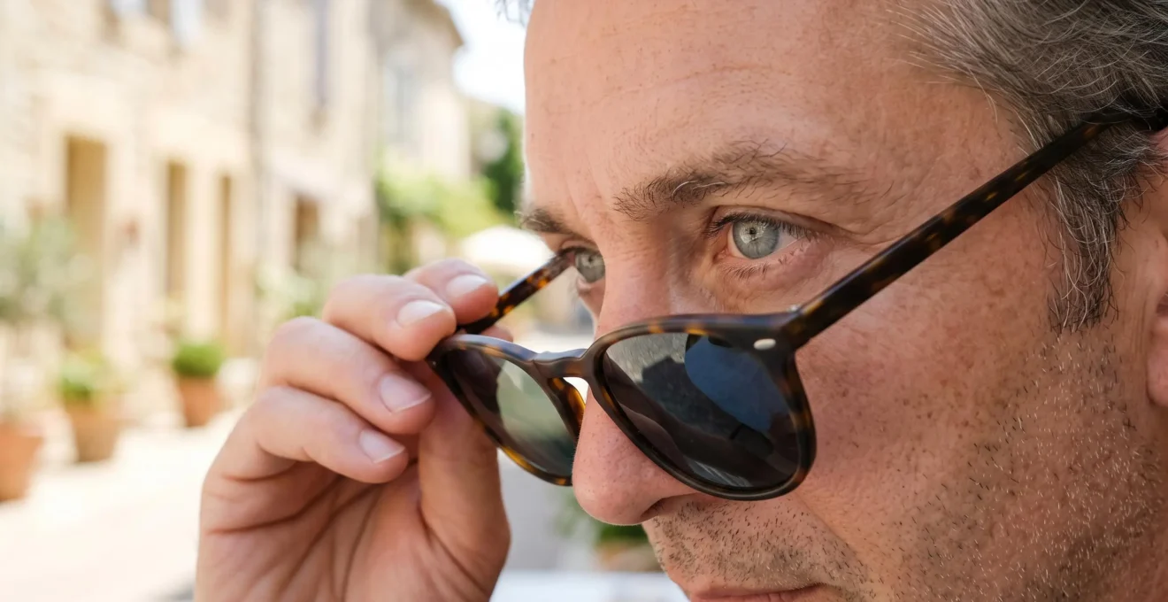 Gros plan sur un homme aux yeux gris-bleu clair qui met une paire de lunettes de soleil, l'iris clair visible derrière la monture.