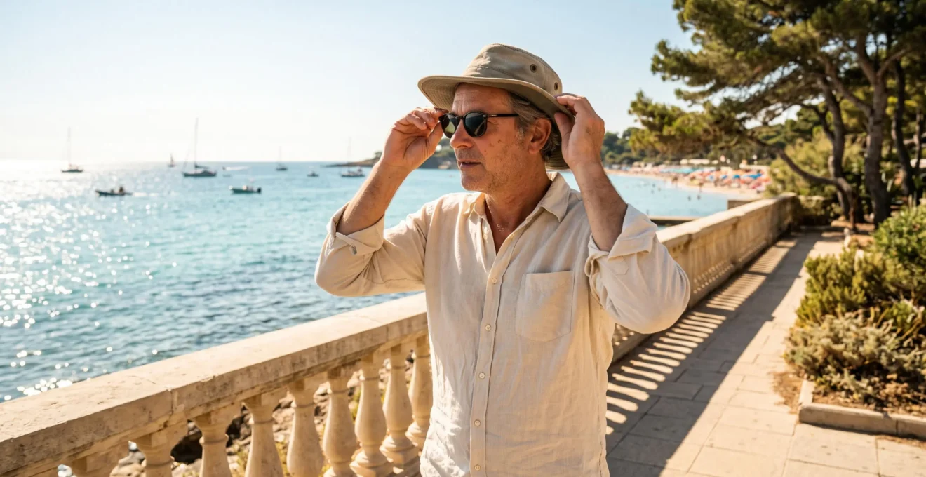 Homme aux yeux clairs ajustant ses lunettes de soleil en marchant sur une promenade de bord de mer ensoleillée.
